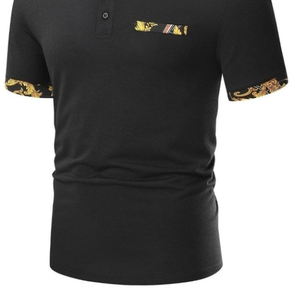 Black Casual Men's Floral Print Polo Shirt - Picture 2 of 6